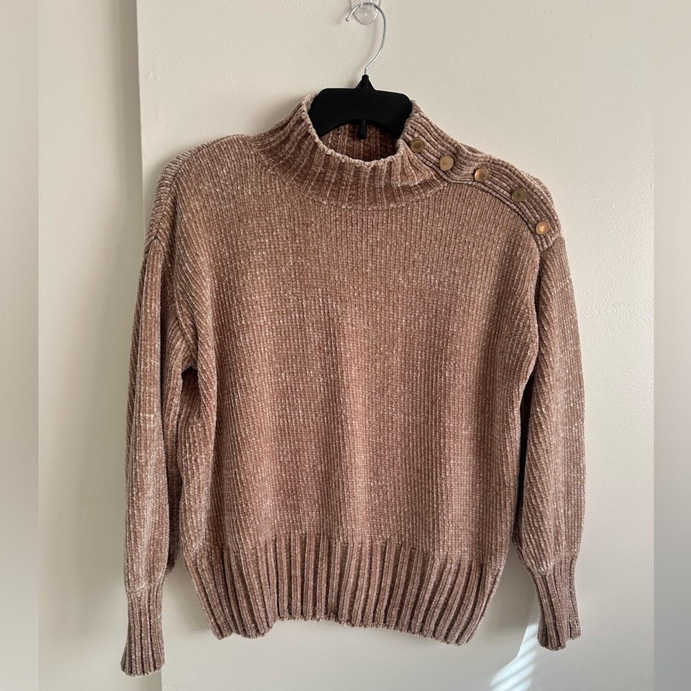 Cynthia Rowley Tan Button-Shoulder Turtleneck Sweater